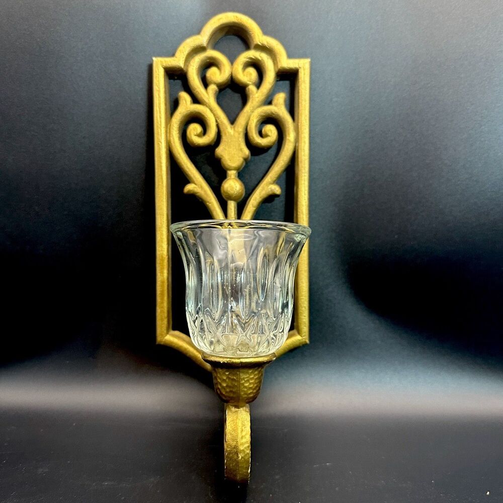 Vintage 1982 HOMCO 4229 Gold Tone Wall Sconce Rare Original Glass Votive Cup USA